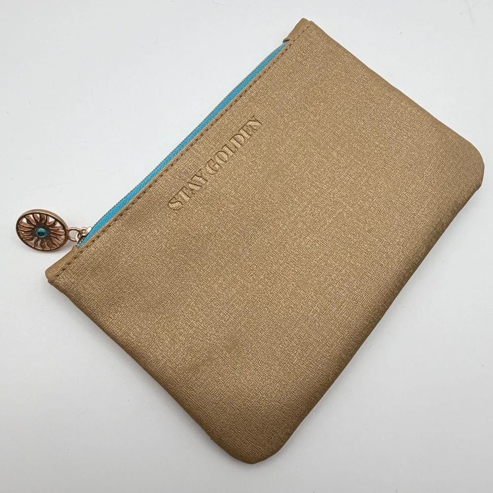 IPSY Gold Metallic Pouch Stay Golden Sun Charm Zipper‎ Cosmetic Bag Makeup
